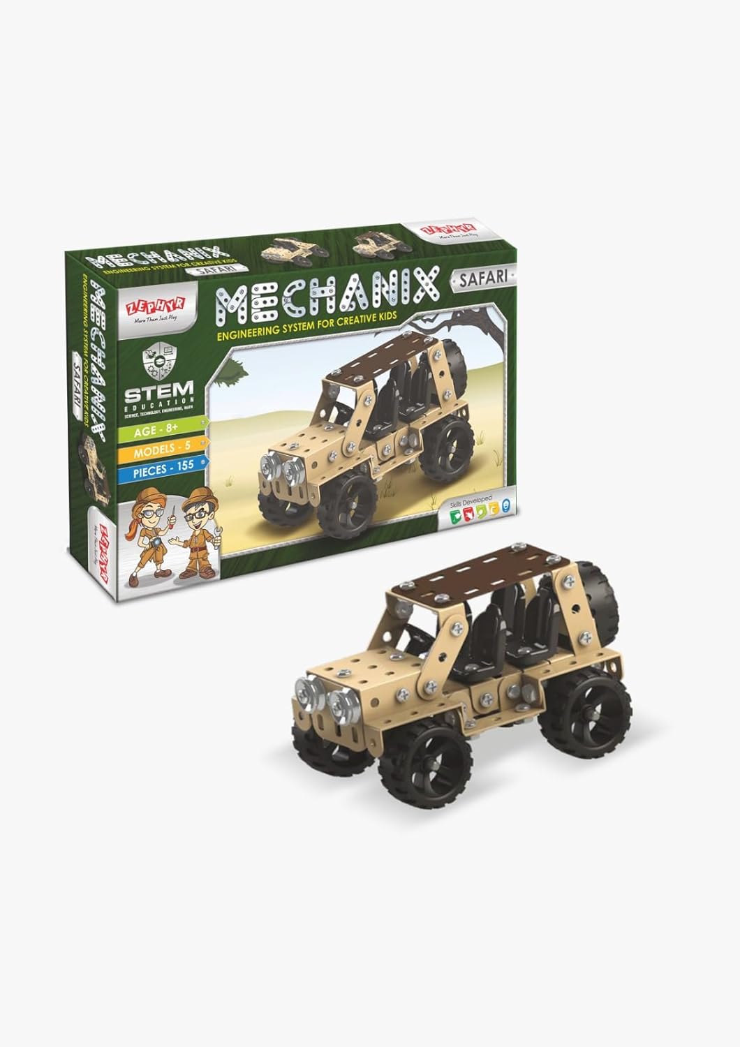 Arjoos | Mechanix Safari Building and Construction | 155 Pieces in The Game | Can Make 5 Different Safari Cars Models | Set for Boys and Girls | high quality steel | Ages 3, 4, 5, 6, 7 | Travel Toys | Multicolour