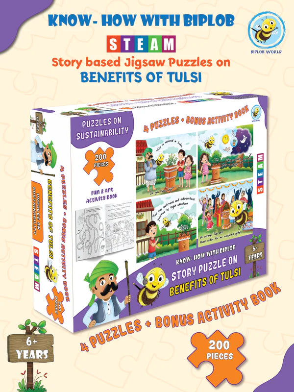 Arjoos | Educational Story-Based Puzzle Set | 4 Jigsaw Puzzles & 1 Activity Book on Benefits of Tulsi | Birthday Gifts for Kids - Pack of 1 - ( Age - 6+ )