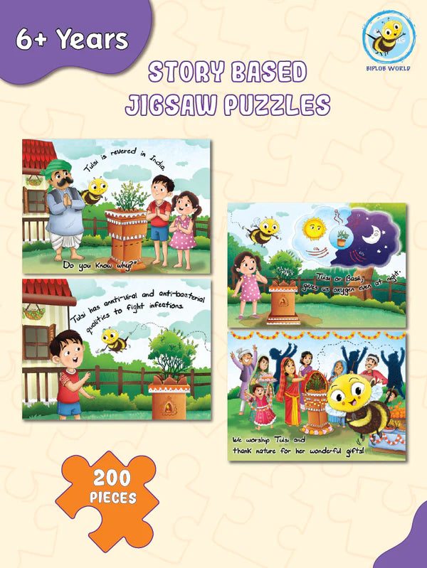 Arjoos | Educational Story-Based Puzzle Set | 4 Jigsaw Puzzles & 1 Activity Book on Benefits of Tulsi | Birthday Gifts for Kids - Pack of 1 - ( Age - 6+ )