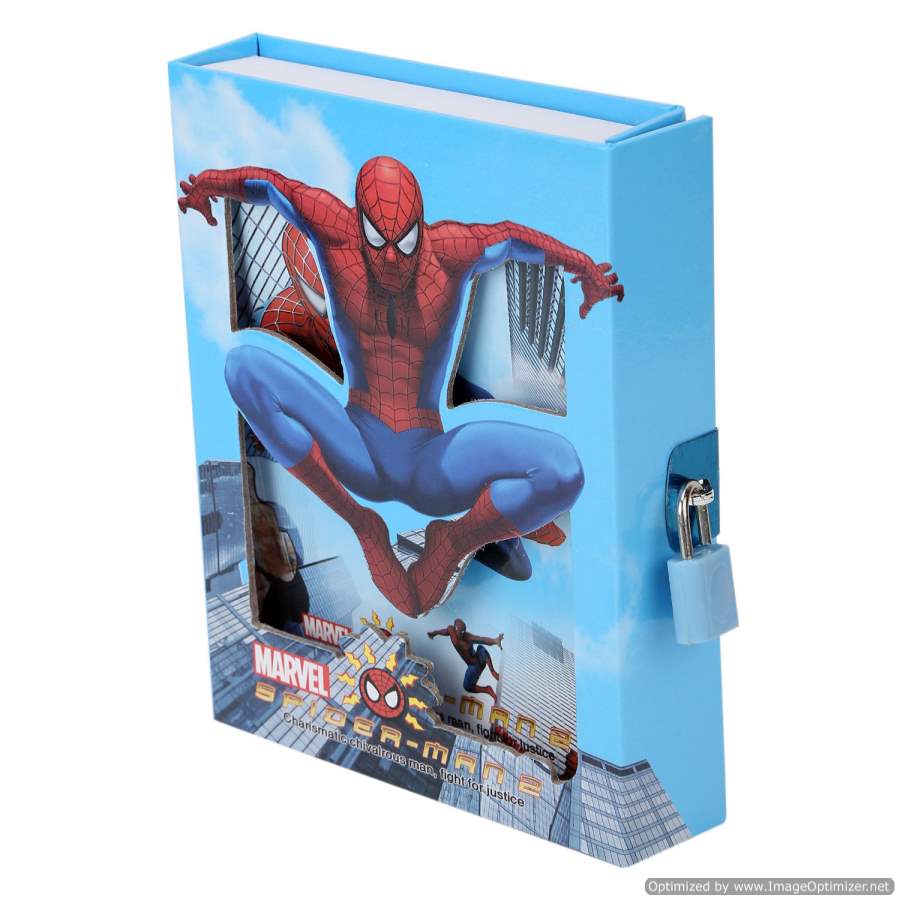 Arjoos | Spiderman Greenish Blue Super Hero Marvel Avengers Character Secret Lock Diary Big Size for Girls Boys Kids with Lock and Key Stylish Ruled Notebook Locker Diary with Cover Box | Return Gift For Kids - ( Pack of 1 , Multicolour )