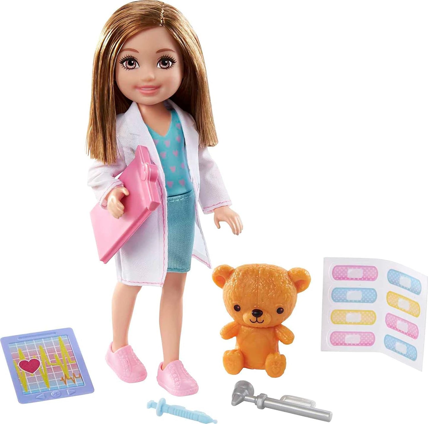 Arjoos | Barbie Chelsea Can Be Playset - Brunette Chelsea Doctor Doll (6-in/15.24-cm) | Clipboard, EKG Reader, Band - aid Stickers,2 Medical Tools, Teddy Bear, Great Gift for kids | Birthday Gifts for Kids - Ages - 3+