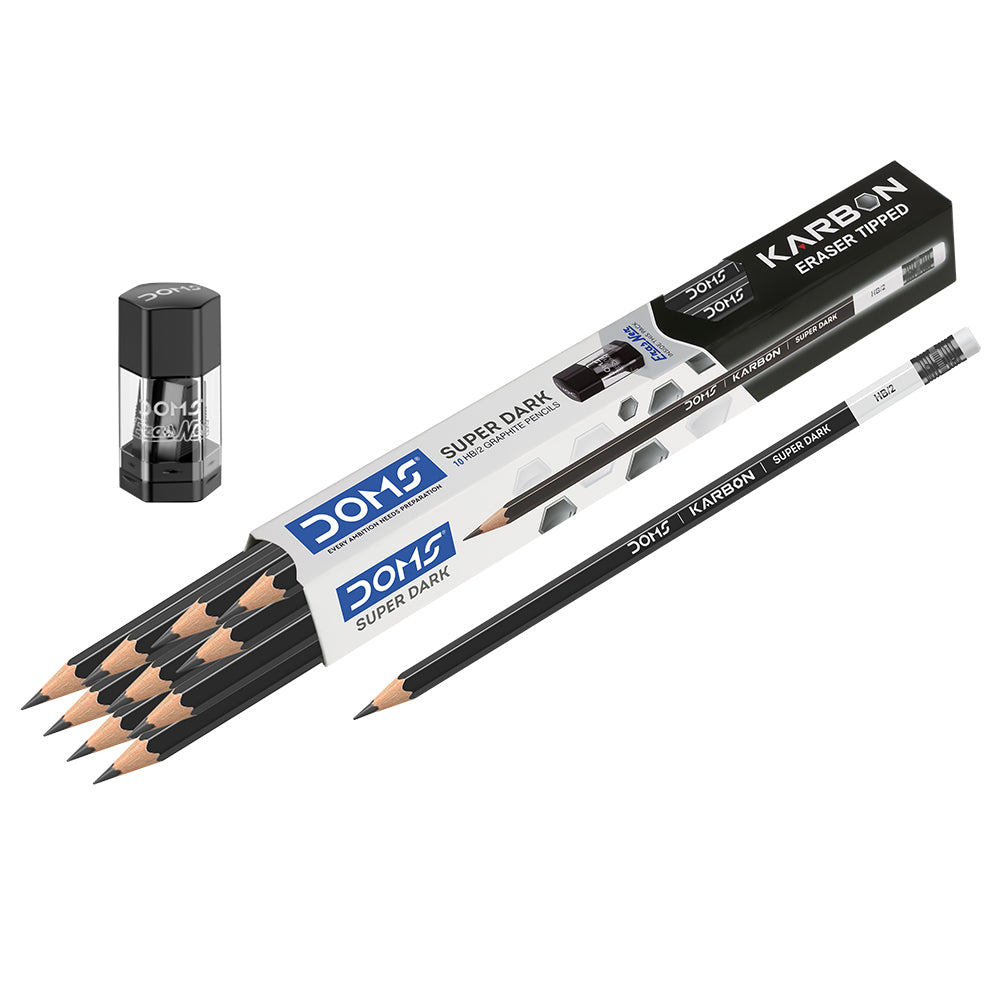 Arjoos | DOMS Karbon Extra Dark Graphite Pencils – Pack of 10 in 1 | Smooth Writing Pencils for School, Office & Art Use | Premium Quality HB Pencils for Students & Professionals | Birthday Gifts for Kids - Pack of 1
