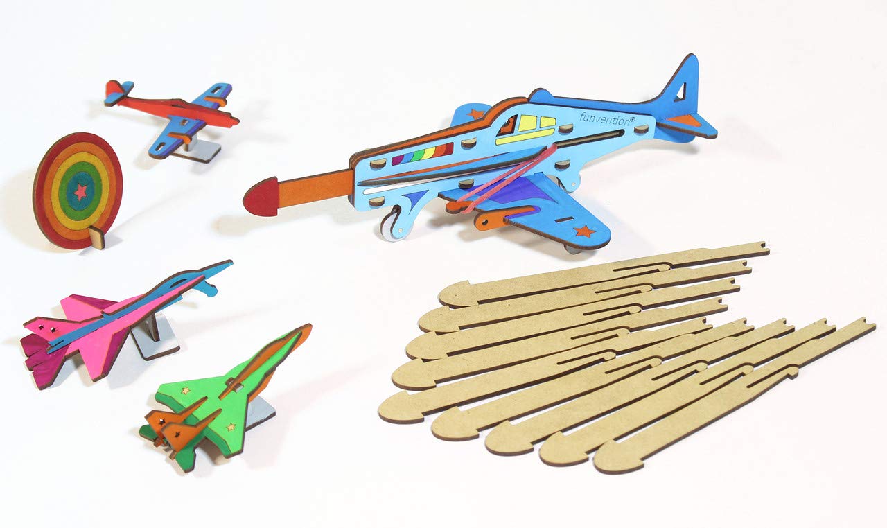Arjoos | Funvention DIY Shooter Plane | Mechanical Shooting Model with 3 Target Planes and One Target Disc and Free Colours | Birthday Gift For Kids - ( Ages - 5+ Years )