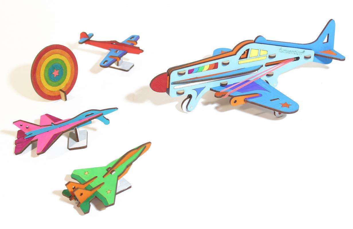 Arjoos | Funvention DIY Shooter Plane | Mechanical Shooting Model with 3 Target Planes and One Target Disc and Free Colours | Birthday Gift For Kids - ( Ages - 5+ Years )