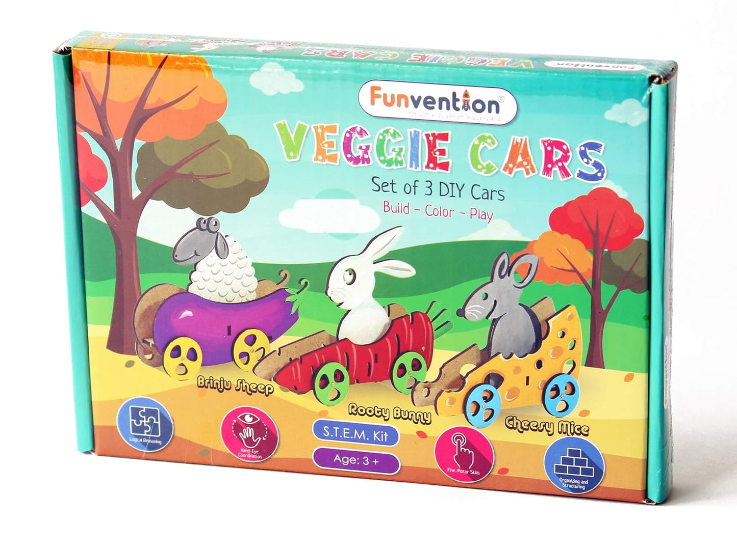 Arjoos | Funvention Veggie Cars - Set of 3 DIY Vegetables shaped Cars | Build, Color & Play | DIY Puzzle Toy Cars for Kids | Birthday Gift For Kids - ( Ages - 4+ Years )