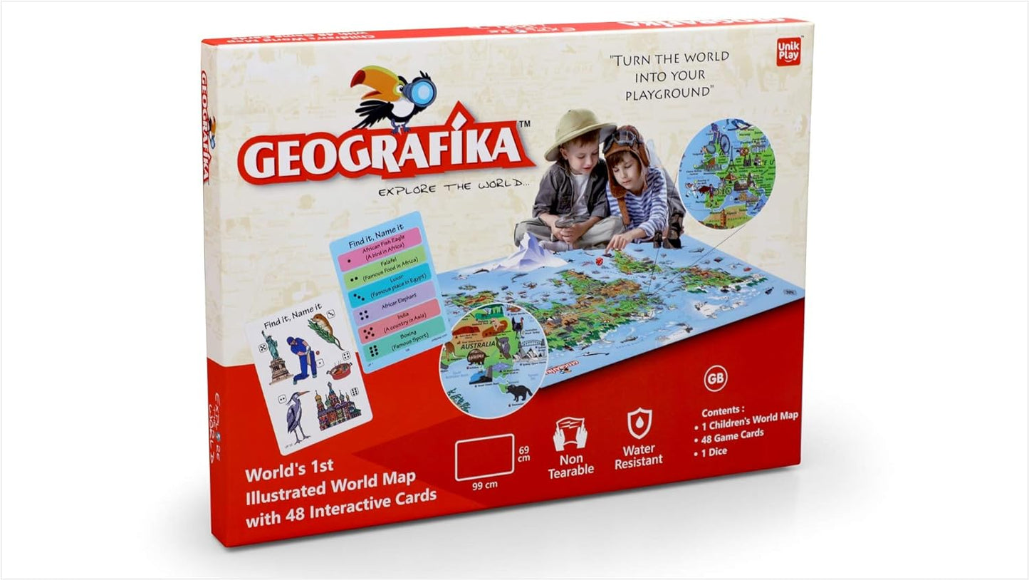 Arjoos | Geografika Map Game with Illustrated Map & 40 Game Cards | Educational Geography Board Game for Children – Learn Fun Facts (World) | Birthday Gifts for Kids - Pack of 1 - ( Ages - 6+ )