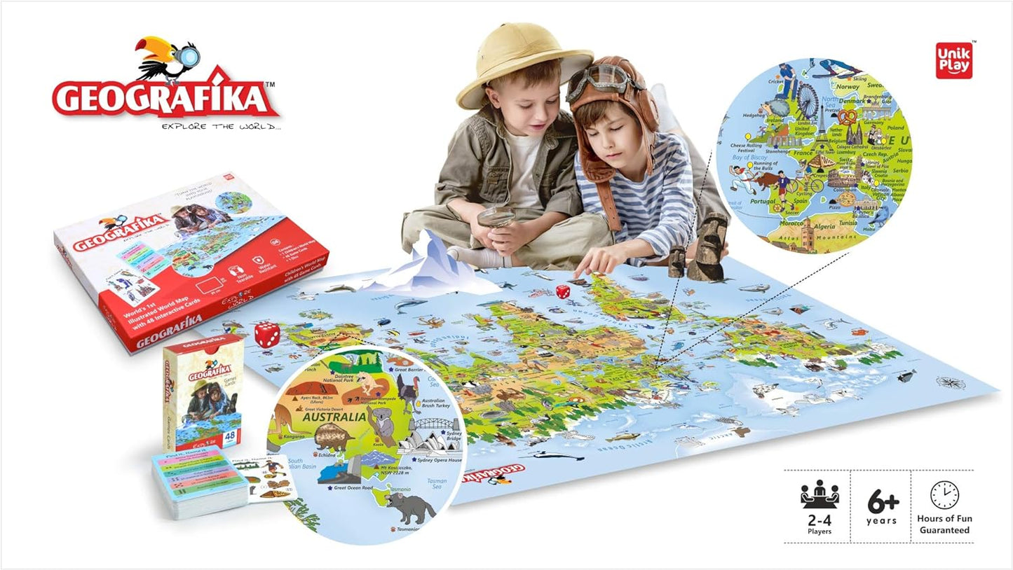 Arjoos | Geografika Map Game with Illustrated Map & 40 Game Cards | Educational Geography Board Game for Children – Learn Fun Facts (World) | Birthday Gifts for Kids - Pack of 1 - ( Ages - 6+ )