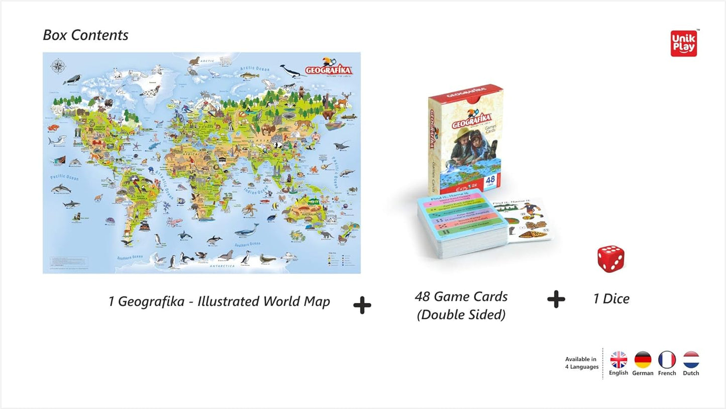 Arjoos | Geografika Map Game with Illustrated Map & 40 Game Cards | Educational Geography Board Game for Children – Learn Fun Facts (World) | Birthday Gifts for Kids - Pack of 1 - ( Ages - 6+ )