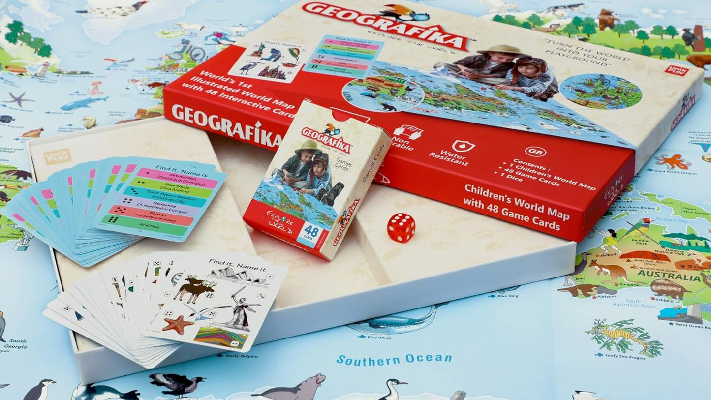 Arjoos | Geografika Map Game with Illustrated Map & 40 Game Cards | Educational Geography Board Game for Children – Learn Fun Facts (World) | Birthday Gifts for Kids - Pack of 1 - ( Ages - 6+ )