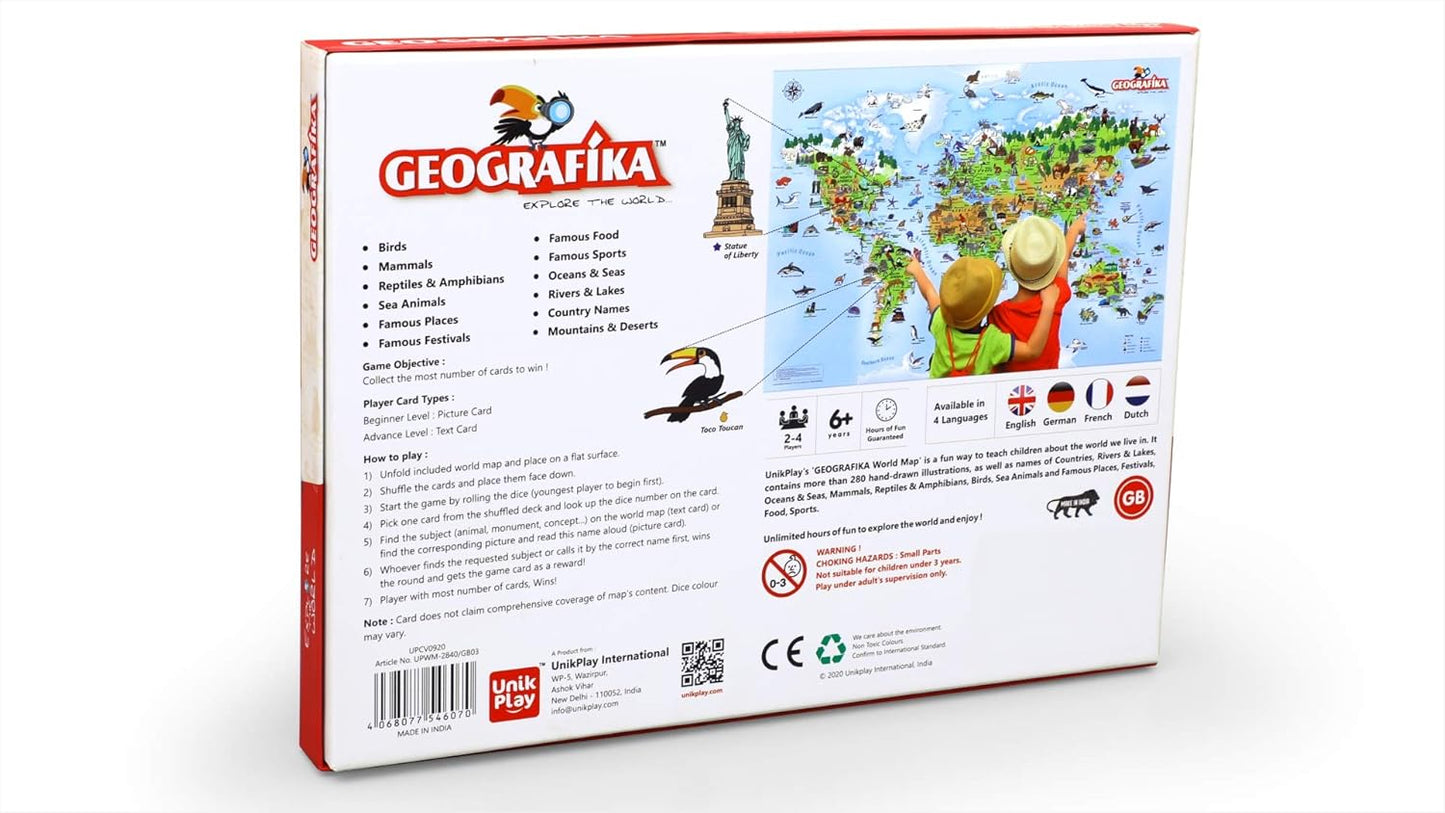 Arjoos | Geografika Map Game with Illustrated Map & 40 Game Cards | Educational Geography Board Game for Children – Learn Fun Facts (World) | Birthday Gifts for Kids - Pack of 1 - ( Ages - 6+ )
