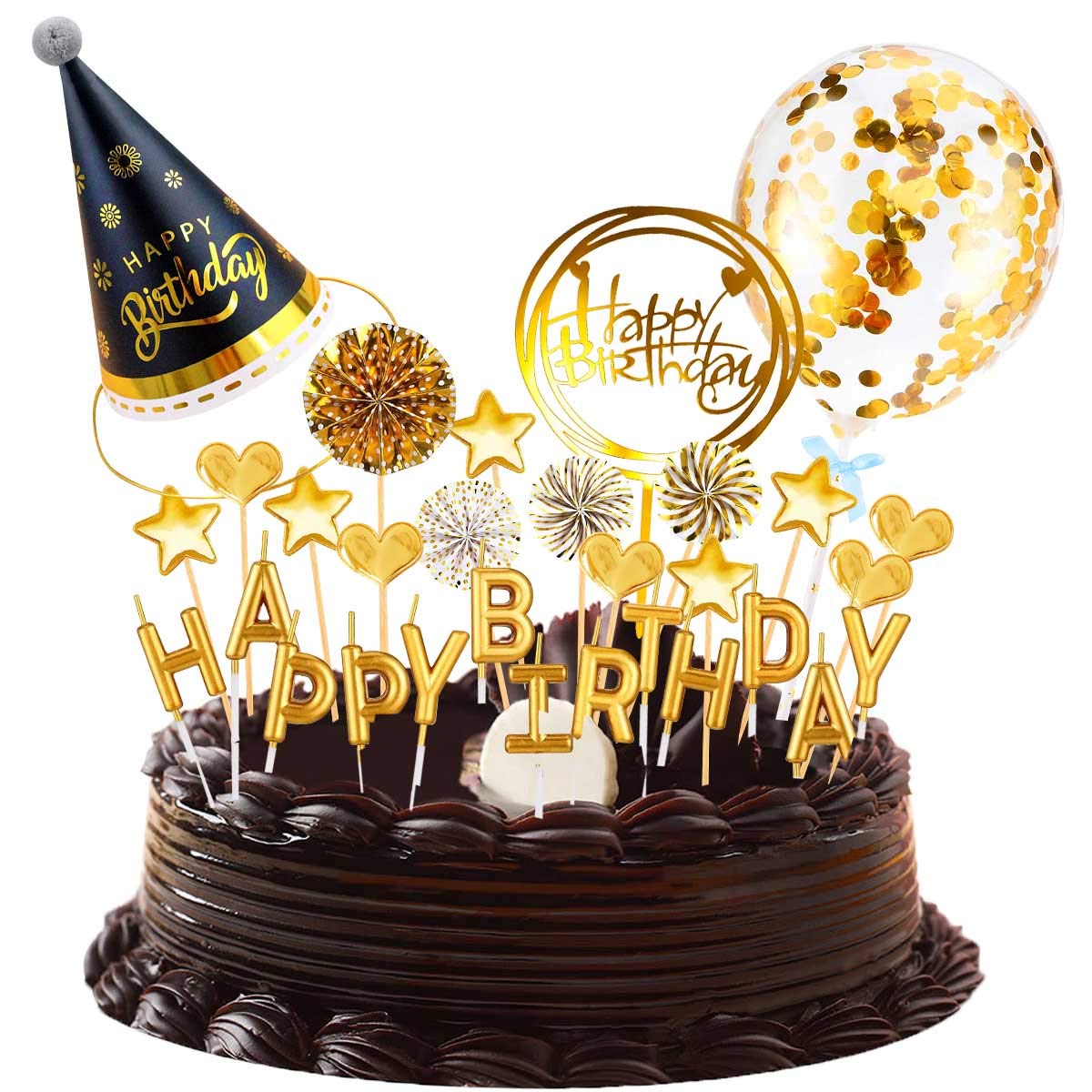 Arjoos | Happy Birthday' Candles with Printed Letters Birthday Party Decoration - Gold Colour | Party supplies Kit For Birthday Parties .