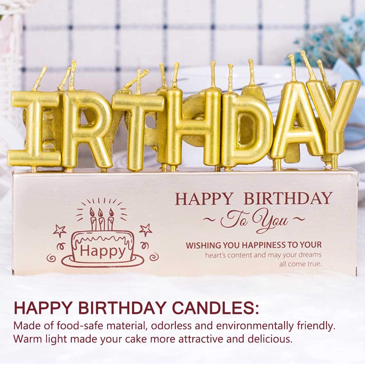 Arjoos | Happy Birthday' Candles with Printed Letters Birthday Party Decoration - Gold Colour | Party supplies Kit For Birthday Parties .