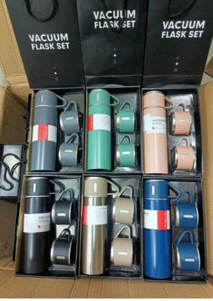 Arjoos | Insulated Vacuum Flask Set with 2 Cups | 500ml Double-Wall Stainless Steel Thermal Flask with 3 Cups | Ideal for Both Hot and Cold Beverages | Birthday Gifts for Kids - Pack of 1 - ( Ages - 3+ )