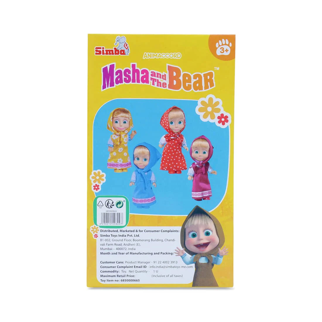 Arjoos | Masha And The Bear Masha Doll Yellow - Height 13 cm | Perfect Collectible Doll for Kids, Durable and Fun, Ideal Gift for Masha and the Bear Fans | Birthday Gift For Kids - ( Ages - 3+ )