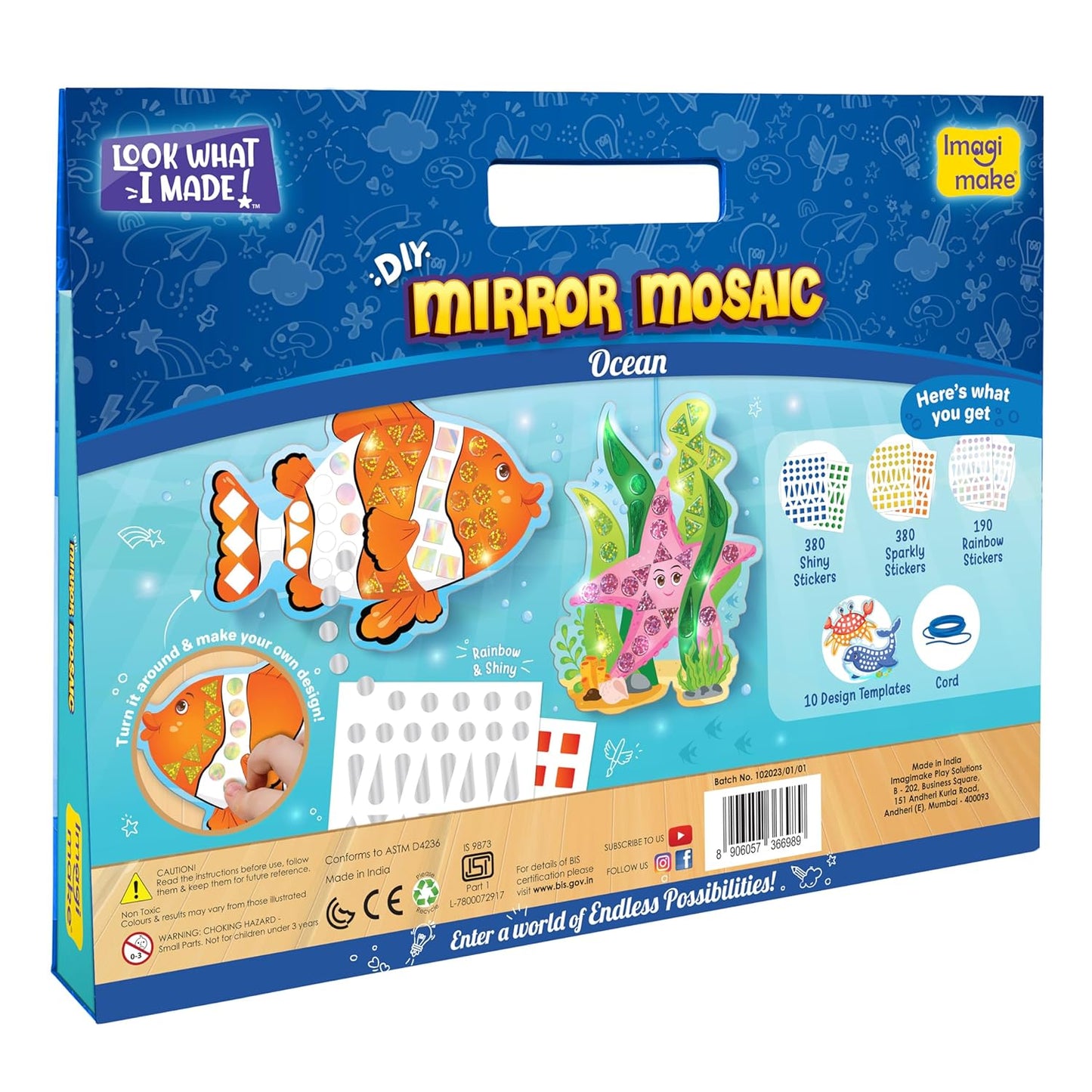 Arjoos | Mirror Mosaic : Ocean - Mess Free Diy | 950+ Foil Sticker | Mosaic Craft Kit , Travel Toys For Girls | Birthday Gift For Kids - Ages - 3+