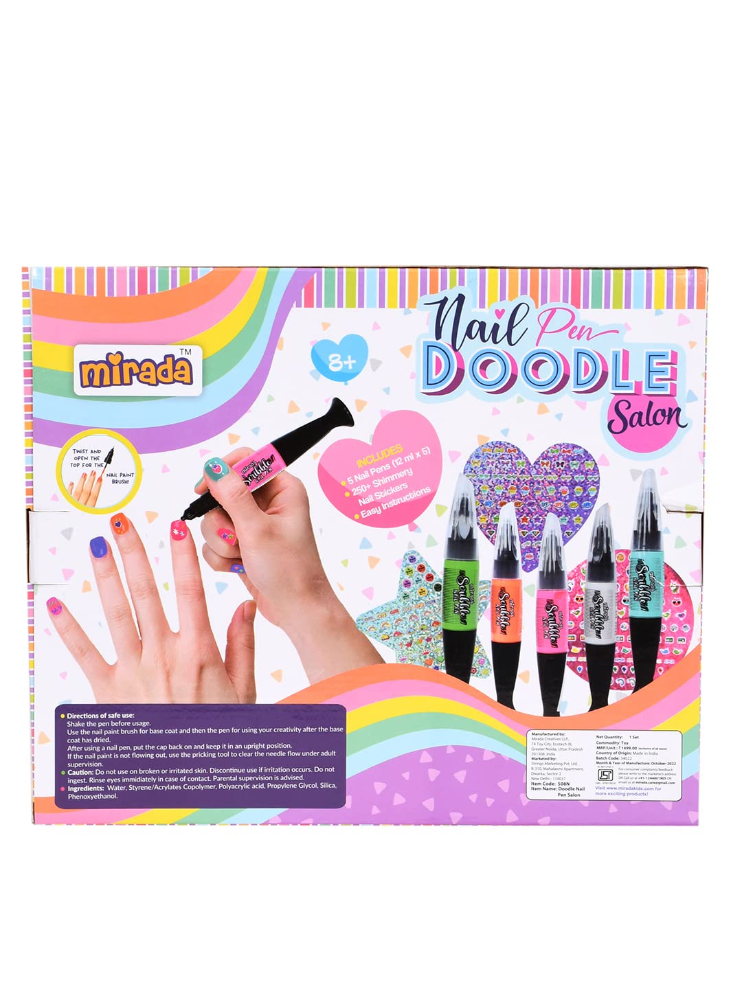 Arjoos | Nail Pen Salon Doodle | Nail Art Kit for Girls | Includes 5 Scribble Nail Pens & 250 Stickers | Birthday Gifts for Girls - Age - 8+Years