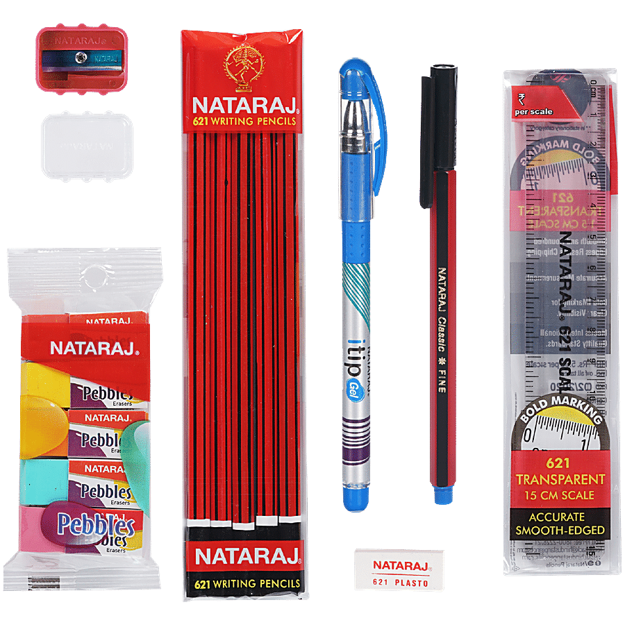 Arjoos | Nataraj Writing Kit |5 Pencils|1 Filly Sharpener|1 Pouch Of 5 Pebbles Erasers|1 tip Gel Pen|1 Classic Ball Pen | 1-15Cm Scale| 1 Pasto Eraser | Portable Kit | Birthday Gifts For Kids - ( Ages - 3+ Years )