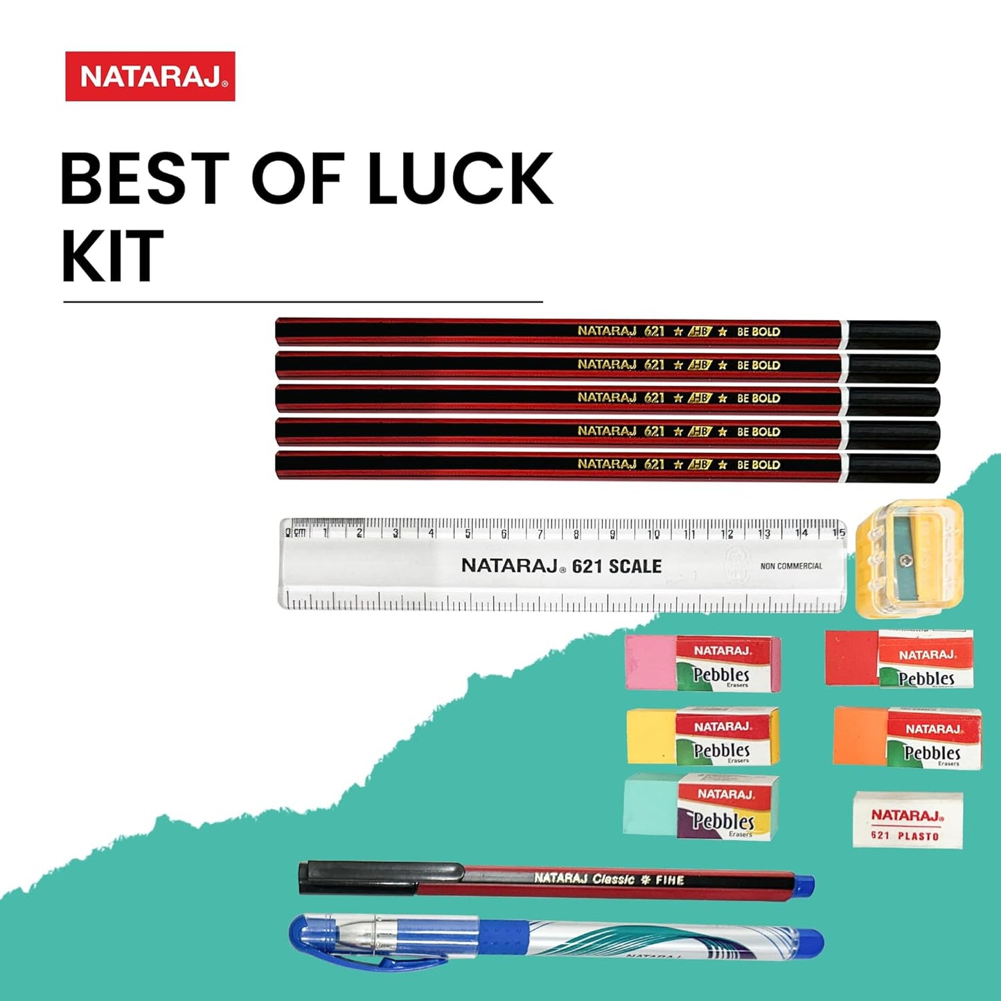 Arjoos | Nataraj Writing Kit |5 Pencils|1 Filly Sharpener|1 Pouch Of 5 Pebbles Erasers|1 tip Gel Pen|1 Classic Ball Pen | 1-15Cm Scale| 1 Pasto Eraser | Portable Kit | Birthday Gifts For Kids - ( Ages - 3+ Years )