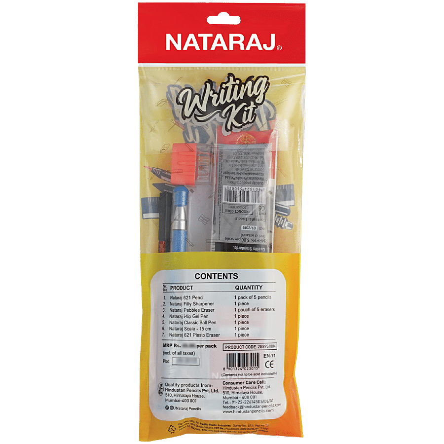 Arjoos | Nataraj Writing Kit |5 Pencils|1 Filly Sharpener|1 Pouch Of 5 Pebbles Erasers|1 tip Gel Pen|1 Classic Ball Pen | 1-15Cm Scale| 1 Pasto Eraser | Portable Kit | Birthday Gifts For Kids - ( Ages - 3+ Years )