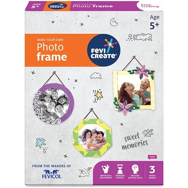 Arjoos | Photo Frame Art & Craft Kit | Make 3 Photo Frames with Origami, Quilling, Craft & more | Boost Child's Creativity | By Fevicol | Birthday Gifts for Kids - Pack of 1 - ( Ages - 4+ )