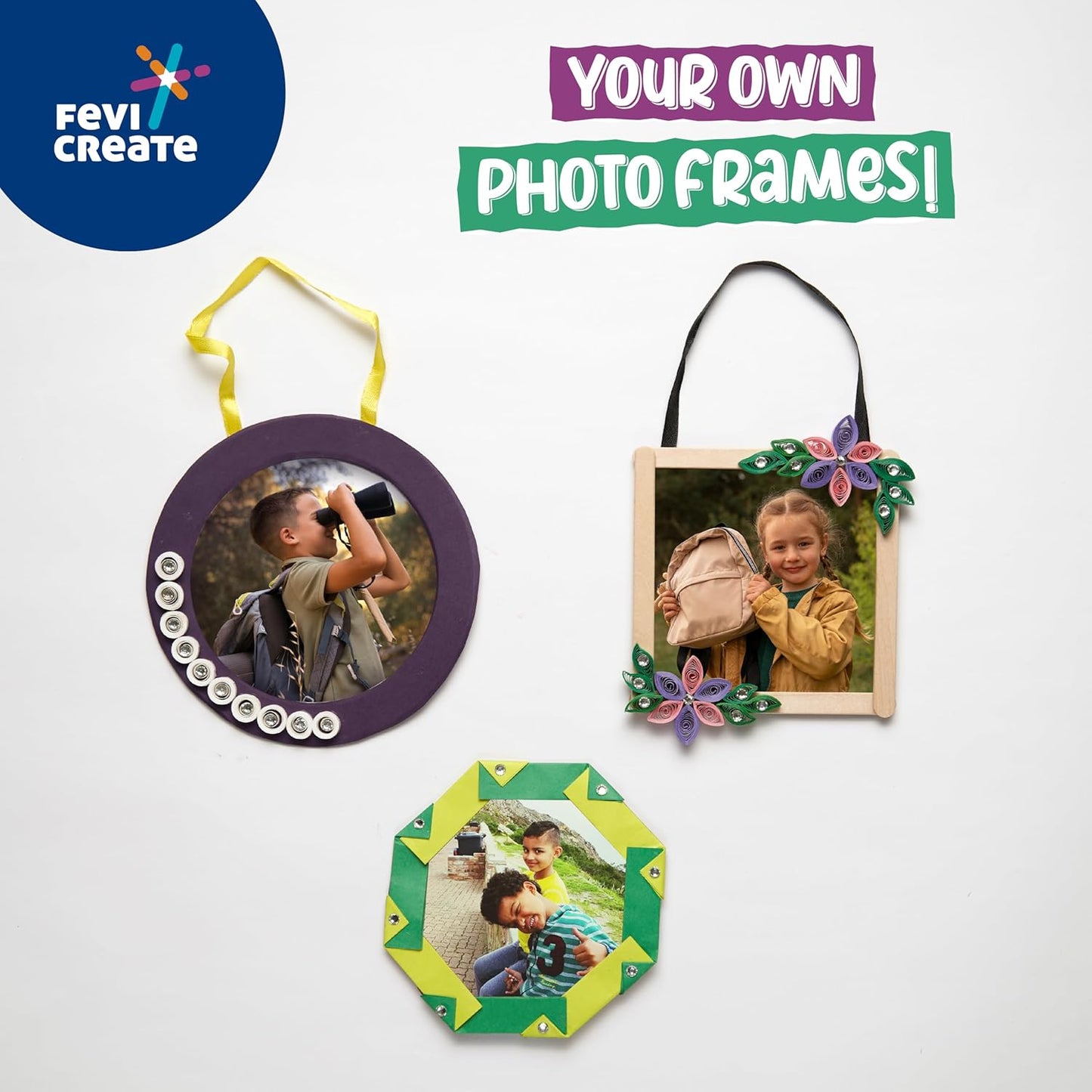 Arjoos | Photo Frame Art & Craft Kit | Make 3 Photo Frames with Origami, Quilling, Craft & more | Boost Child's Creativity | By Fevicol | Birthday Gifts for Kids - Pack of 1 - ( Ages - 4+ )