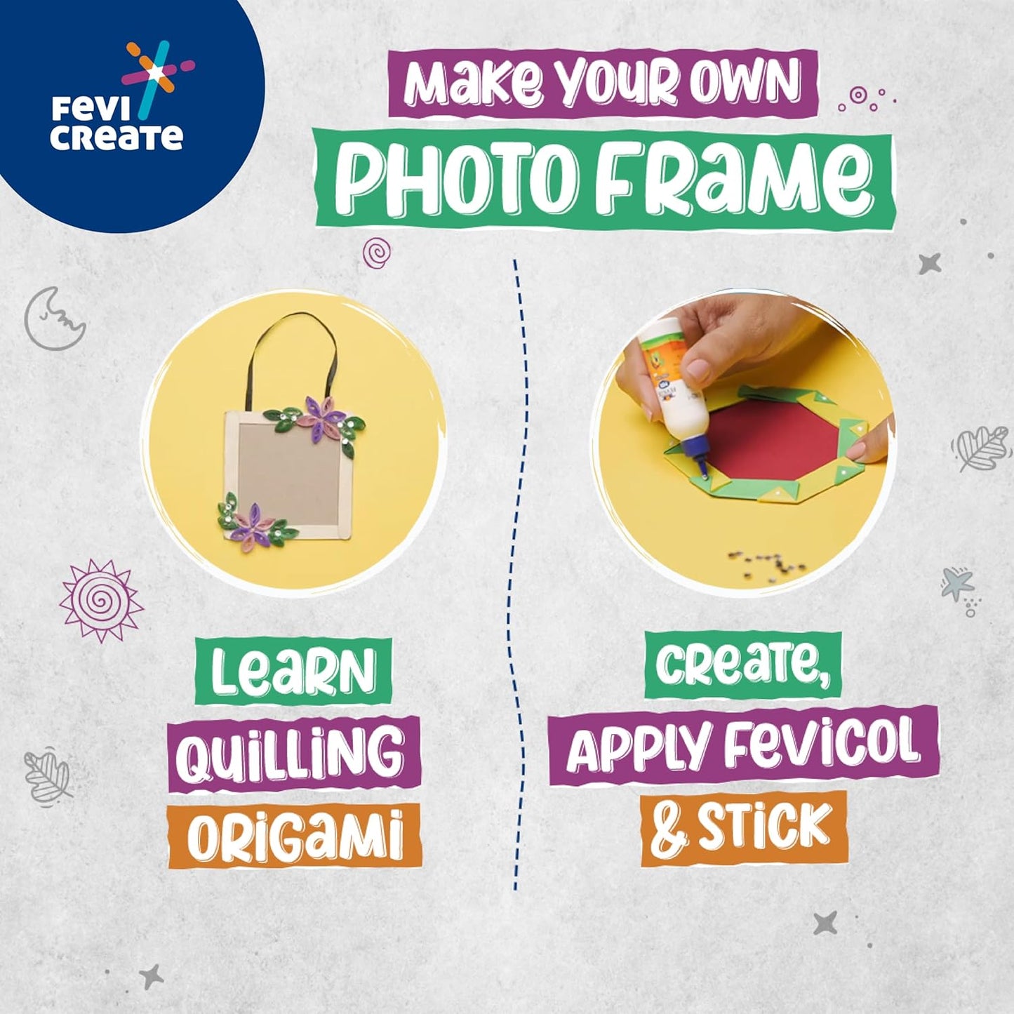 Arjoos | Photo Frame Art & Craft Kit | Make 3 Photo Frames with Origami, Quilling, Craft & more | Boost Child's Creativity | By Fevicol | Birthday Gifts for Kids - Pack of 1 - ( Ages - 4+ )