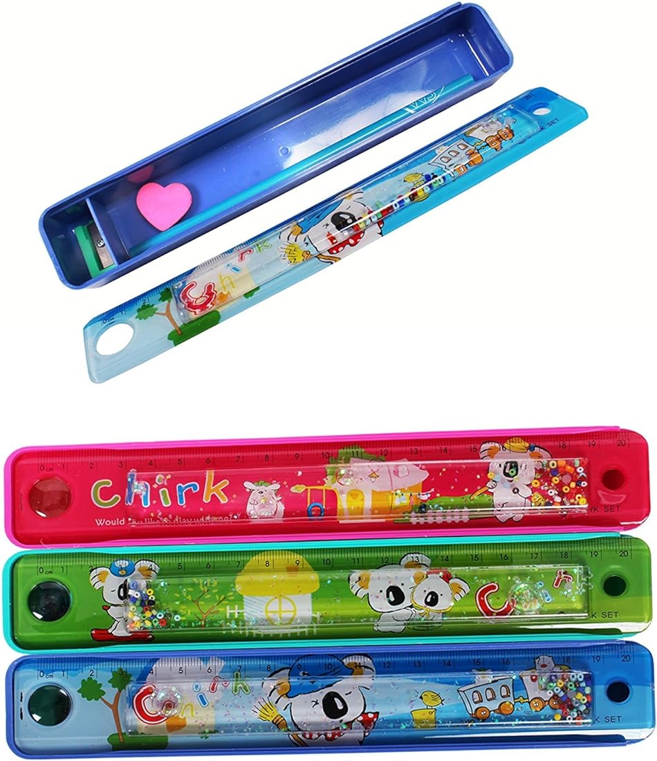 Arjoos | Plastic Pencil Box with Slide Ruler | Birthday Return Gifts for Kids | 1 Pcs | Assorted Colours and Design