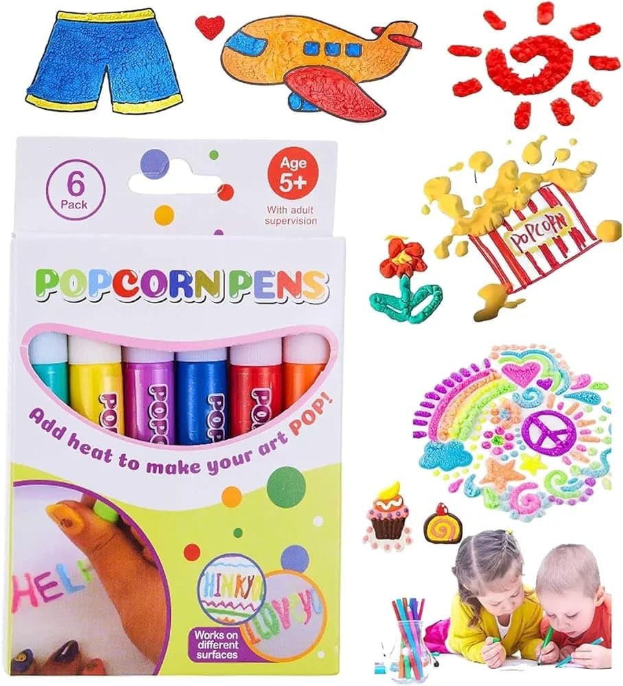Arjoos | Popcorn Drawing Pen | Magic Puffy 3D DIY Colourful Art | Safe kids Marker | Colour Pen Set Of 6 -in 1 pack Pop up Effect pens | Birthday Gifts For Kids - ( Ages - 5+ Years )