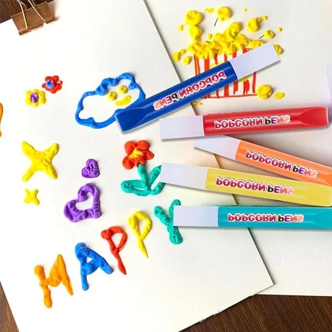 Arjoos | Popcorn Drawing Pen | Magic Puffy 3D DIY Colourful Art | Safe kids Marker | Colour Pen Set Of 6 -in 1 pack Pop up Effect pens | Birthday Gifts For Kids - ( Ages - 5+ Years )