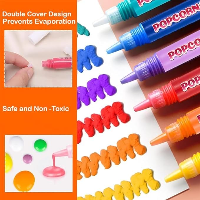Arjoos | Popcorn Drawing Pen | Magic Puffy 3D DIY Colourful Art | Safe kids Marker | Colour Pen Set Of 6 -in 1 pack Pop up Effect pens | Birthday Gifts For Kids - ( Ages - 5+ Years )