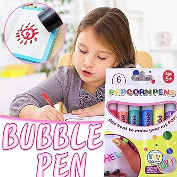 Arjoos | Popcorn Drawing Pen | Magic Puffy 3D DIY Colourful Art | Safe kids Marker | Colour Pen Set Of 6 -in 1 pack Pop up Effect pens | Birthday Gifts For Kids - ( Ages - 5+ Years )