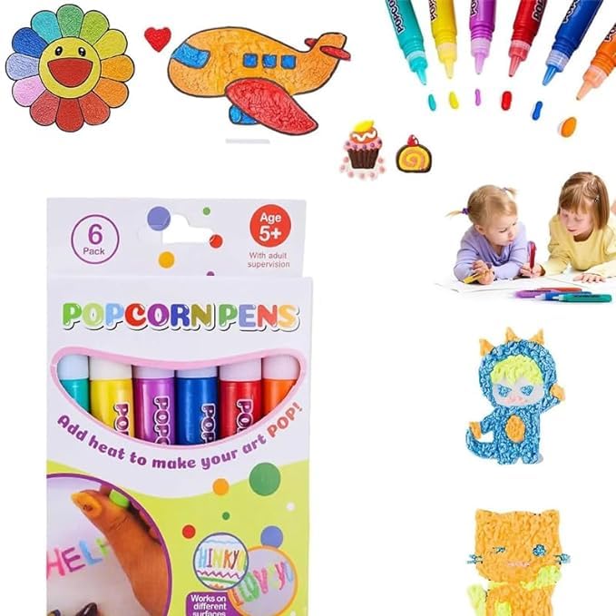 Arjoos | Popcorn Drawing Pen | Magic Puffy 3D DIY Colourful Art | Safe kids Marker | Colour Pen Set Of 6 -in 1 pack Pop up Effect pens | Birthday Gifts For Kids - ( Ages - 5+ Years )