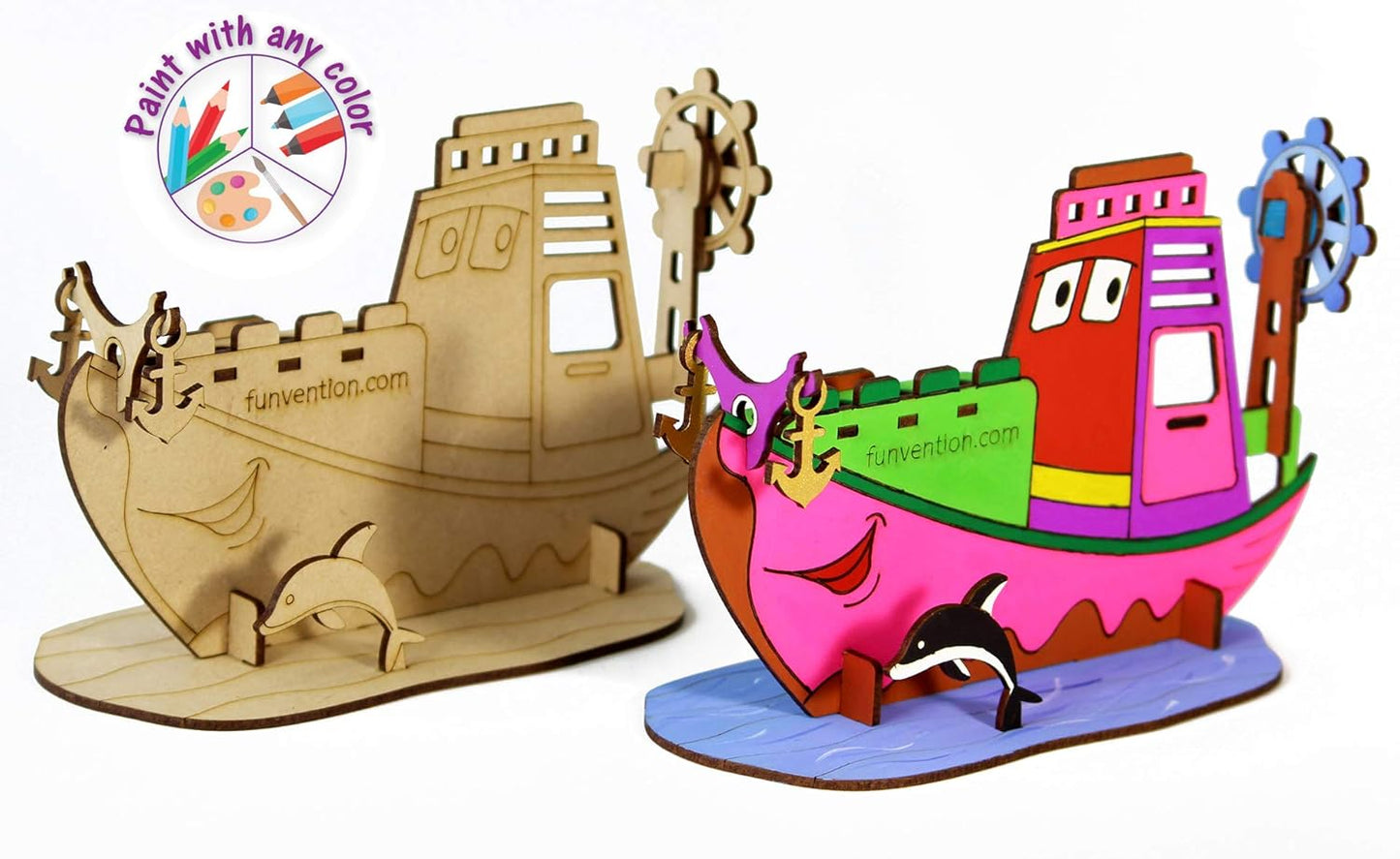 Arjoos | Ship Pen Stand - 3D Colouring Model | 3D Mechanical Do IT Yourself Toy | STEM Learning 3D Puzzle Toy -Art, Colouring and Painting Kit | Birthday Gifts for Kids - Age - 5+Years