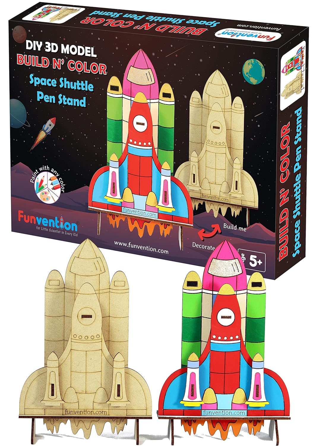 Arjoos | Space Shuttle Pen Stand - 3D Colouring Model | 3D Mechanical DIY Toy | STEM Learning 3D Puzzle Toy -Art, Colouring and Painting Kit | Birthday Gifts for Kids - Age - 5+Years