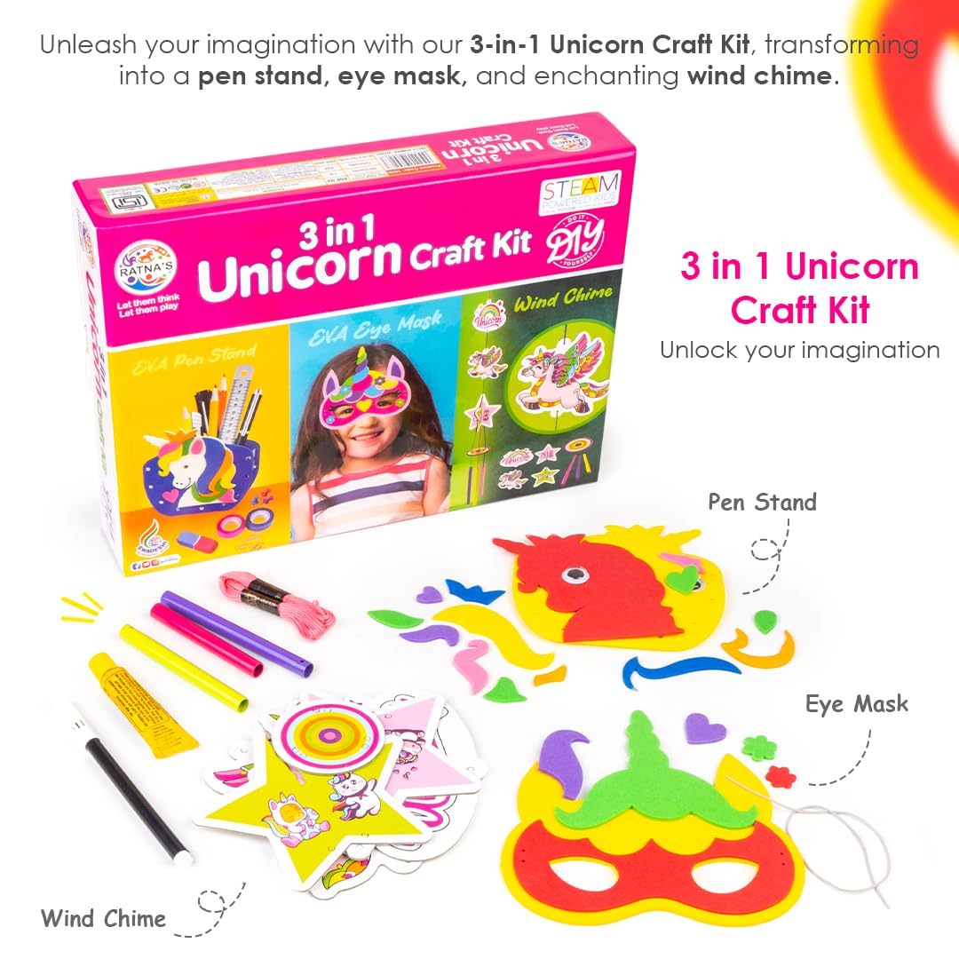 Arjoos | Unicorn Craft Kit 3 in 1 | EVA DIY Kit to Make Pen Stand | Wind Chime & Eye Mask STEAM Powered Art & Craft for Kids| Birthday Gift For Kids 5+ Years