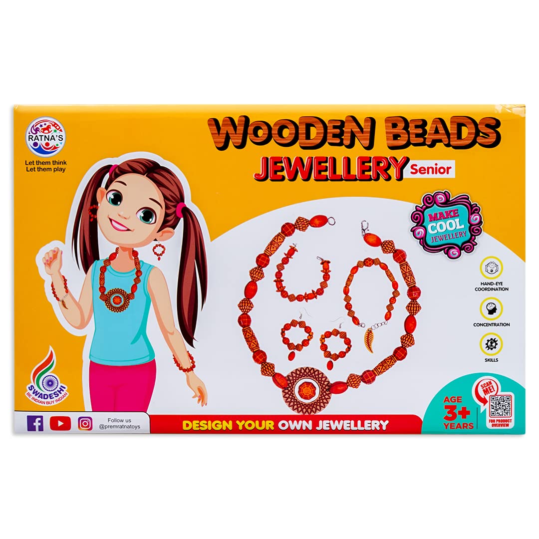 Arjoos | Wooden Beads Jewellery - Senior | Art & Craft DIY Kit | for Girls to Make Necklaces, Earnings, Bracelets | Birthday Gifts for Kids - Age - 3+Years
