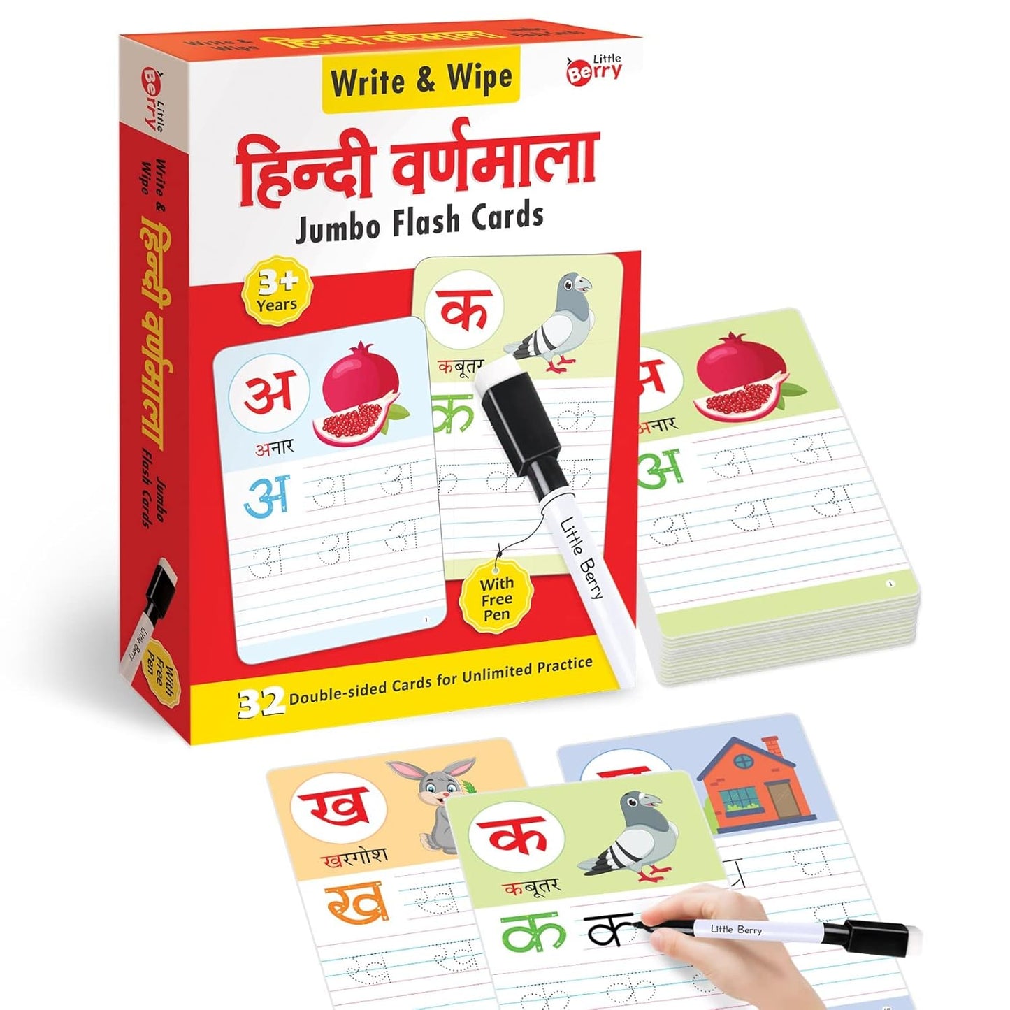 Arjoos | Write & Wipe Flash Cards: Hindi Varnamala (Ka Kha Ga) | 32 Reusable Cards with Marker Pen | Gifts, Travel Toy & Preschool Learning for Kids - Age - 3+Years