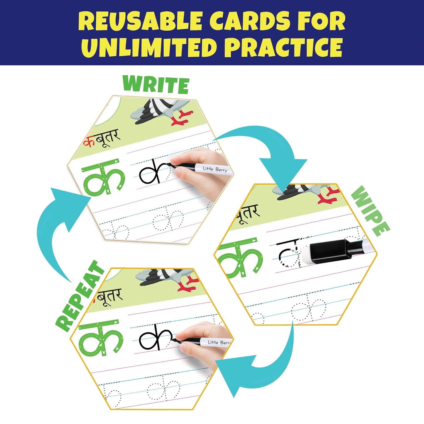 Arjoos | Write & Wipe Flash Cards: Hindi Varnamala (Ka Kha Ga) | 32 Reusable Cards with Marker Pen | Gifts, Travel Toy & Preschool Learning for Kids - Age - 3+Years