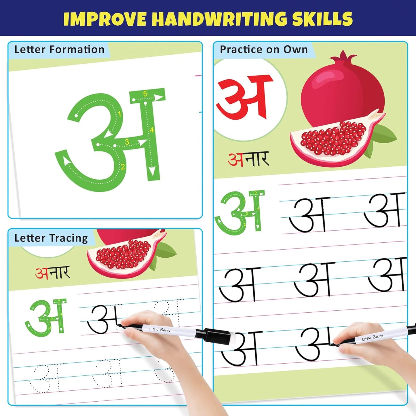 Arjoos | Write & Wipe Flash Cards: Hindi Varnamala (Ka Kha Ga) | 32 Reusable Cards with Marker Pen | Gifts, Travel Toy & Preschool Learning for Kids - Age - 3+Years