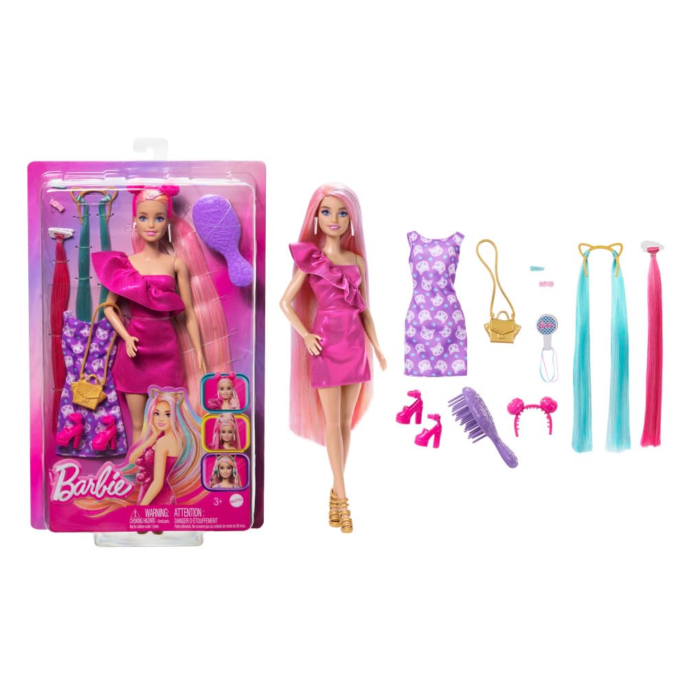 Arjoos | Barbie Fun & Fancy Hair With Extra-Long Colorful Blonde Hair And Glossy Pink Dress Doll | 10 Hair And Fashion Play Accessories