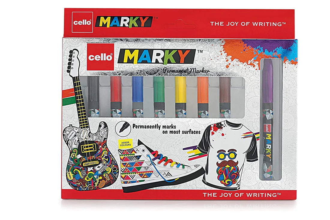 Arjoos | Cello Marky Permanent Marker Pens | Set of 8 Assorted Ink Colouring | Birthday Gifts for Kids - Pack of 1 - ( Ages - 3+ )