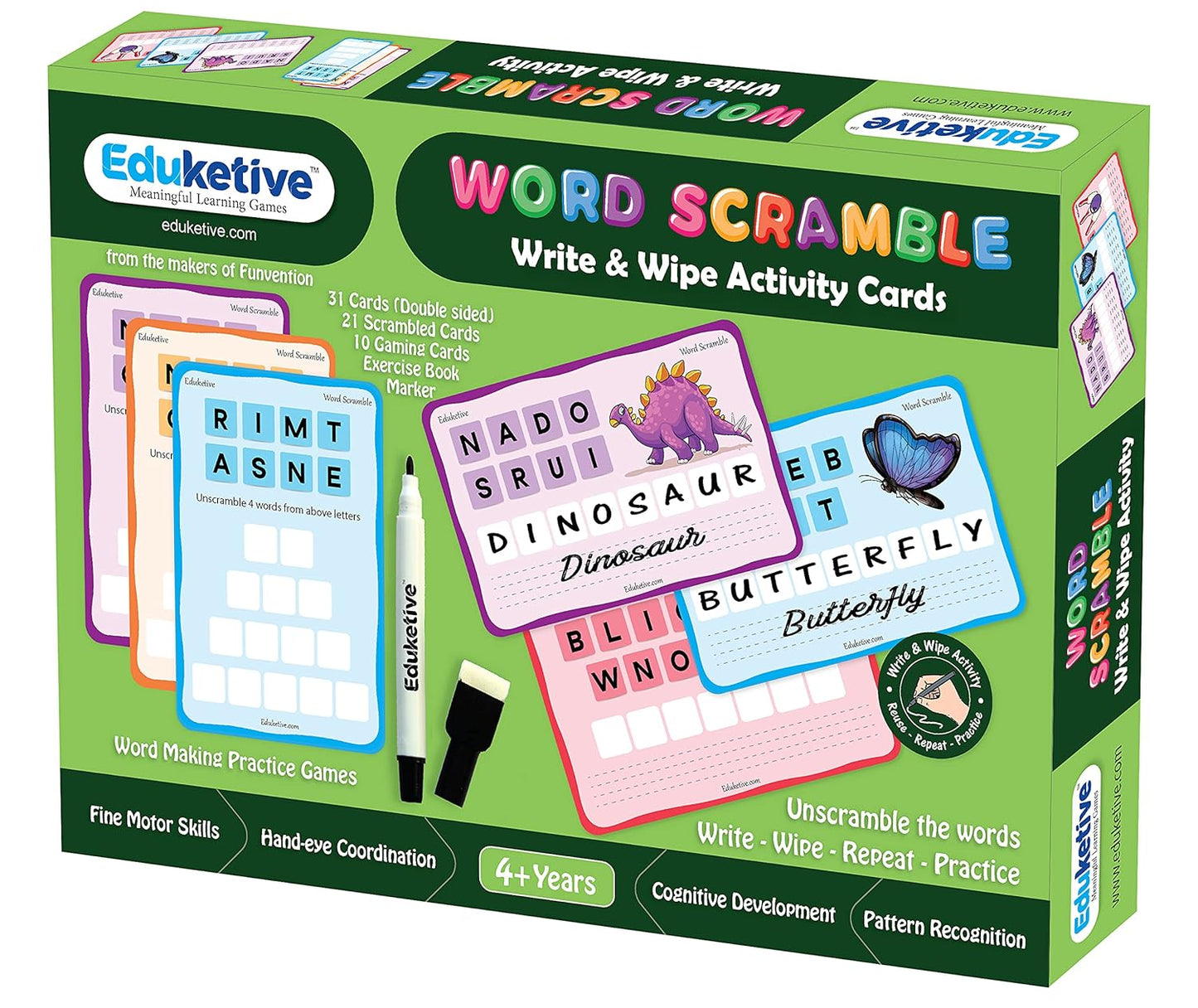 Arjoos | Eduketive - Word Scramble Write & Wipe Reusable Activity Cards | Writing Practice & Preschool Learning Educational Game with Exercise Book | Ages ( 3-9 yrs )