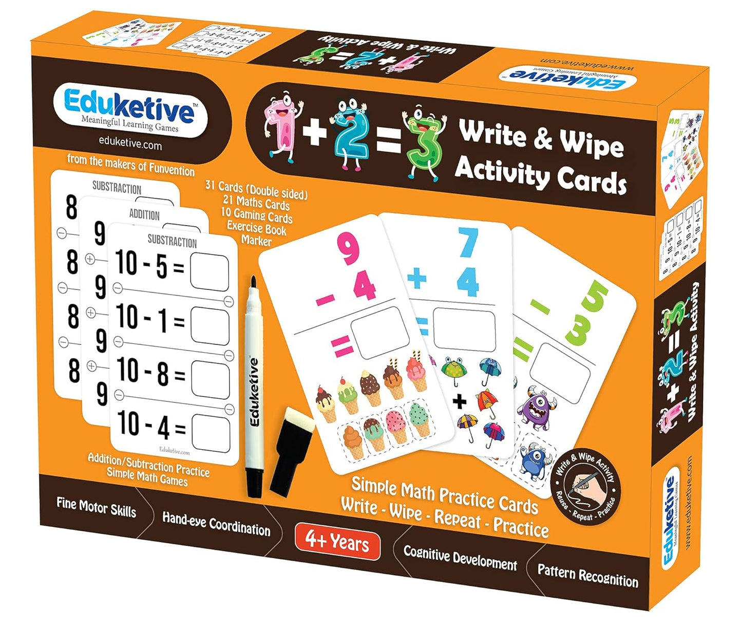 Arjoos | Eduketive 1+2=3 Write & Wipe Reusable Activity Cards | Writing Practice & Preschool Learning Educational Game with Exercise Book | Ages ( 3-9 yrs )