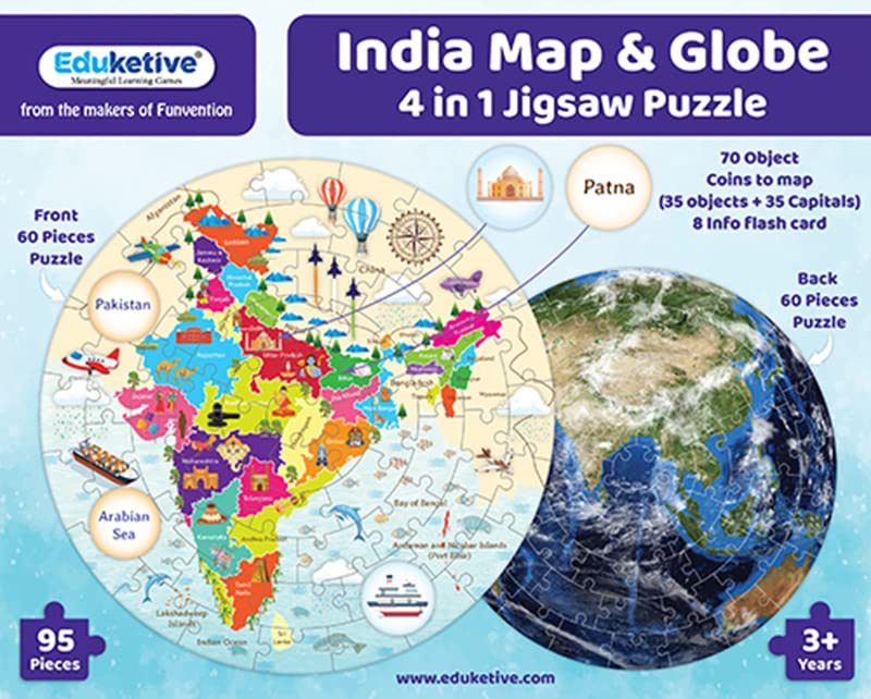 Arjoos | Eduketive India Map & Globe - 4 in 1 Puzzle Activity Game | 95 Pieces Jigsaw Puzzle - Kids Age 4+