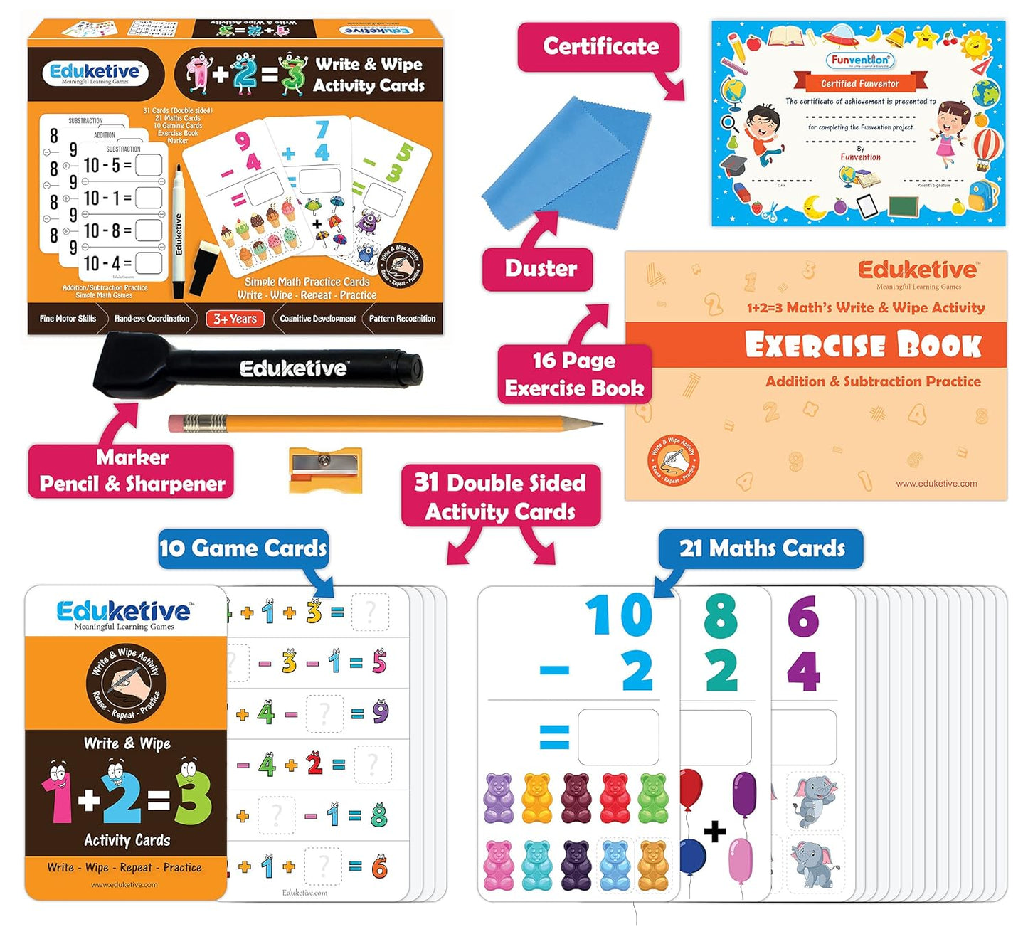 Arjoos | Eduketive 1+2=3 Write & Wipe Reusable Activity Cards | Writing Practice & Preschool Learning Educational Game with Exercise Book | Ages ( 3-9 yrs )