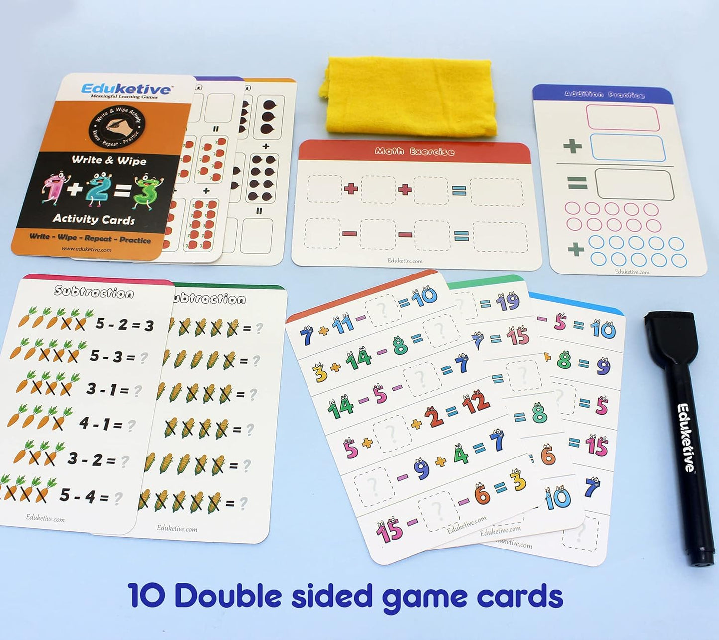 Arjoos | Eduketive 1+2=3 Write & Wipe Reusable Activity Cards | Writing Practice & Preschool Learning Educational Game with Exercise Book | Ages ( 3-9 yrs )