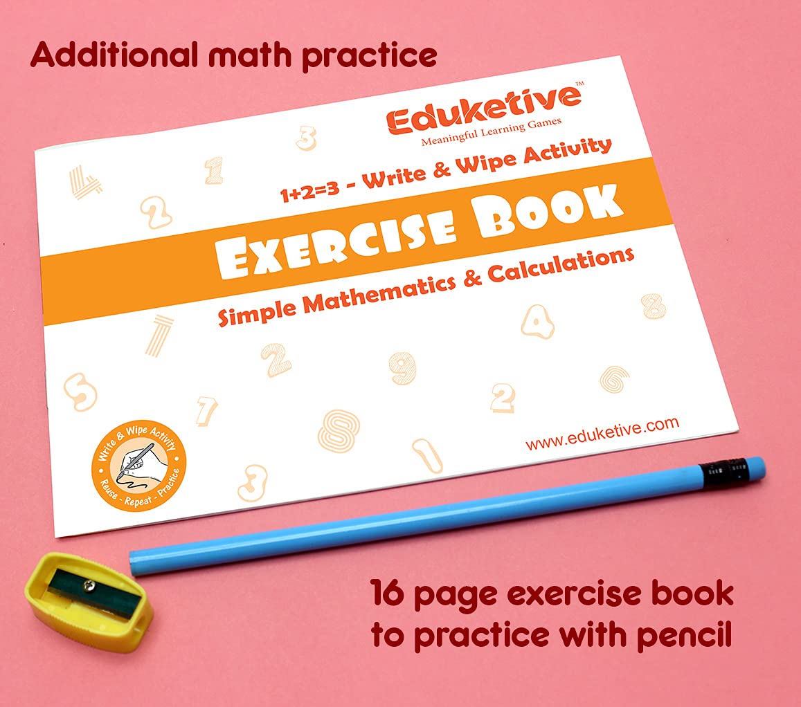 Arjoos | Eduketive 1+2=3 Write & Wipe Reusable Activity Cards | Writing Practice & Preschool Learning Educational Game with Exercise Book | Ages ( 3-9 yrs )