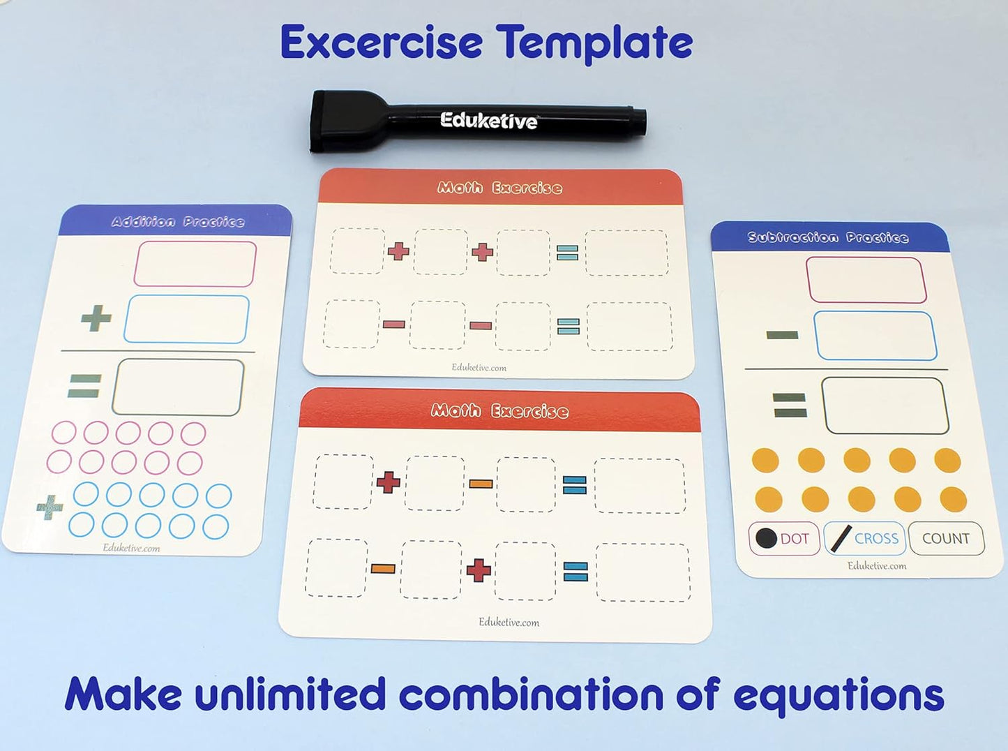 Arjoos | Eduketive 1+2=3 Write & Wipe Reusable Activity Cards | Writing Practice & Preschool Learning Educational Game with Exercise Book | Ages ( 3-9 yrs )