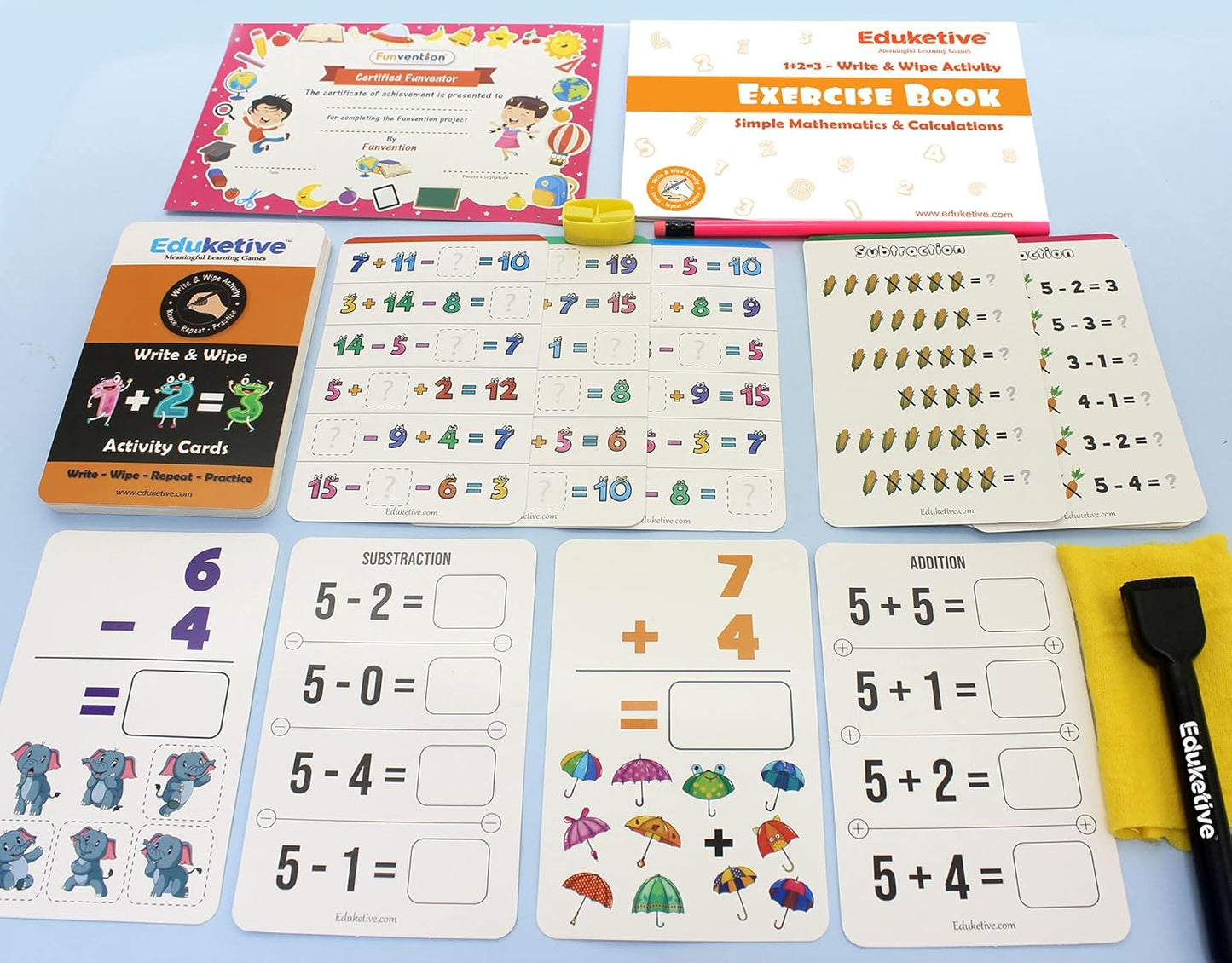 Arjoos | Eduketive 1+2=3 Write & Wipe Reusable Activity Cards | Writing Practice & Preschool Learning Educational Game with Exercise Book | Ages ( 3-9 yrs )