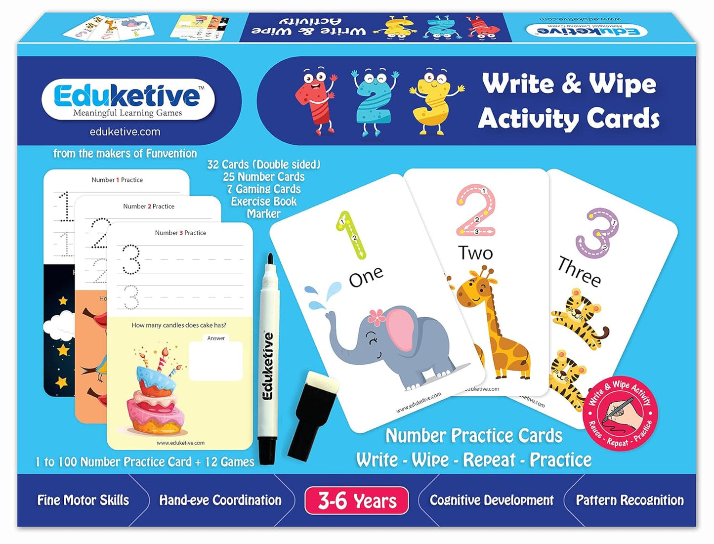 Arjoos | Eduketive - 1 2 3 Numbers & Counting Write & Wipe Reusable Activity Cards | Writing Practice & Preschool Learning Educational Game with Exercise Book | Ages ( 3-6 yrs )